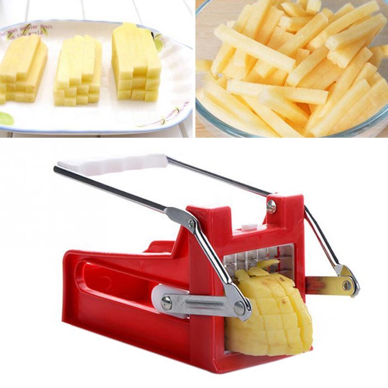 Red potato peeler with finished French fries on a white background