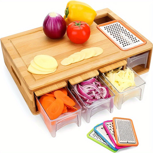 Wooden cutting board with drawers containing sliced vegetables and a grater on a white background