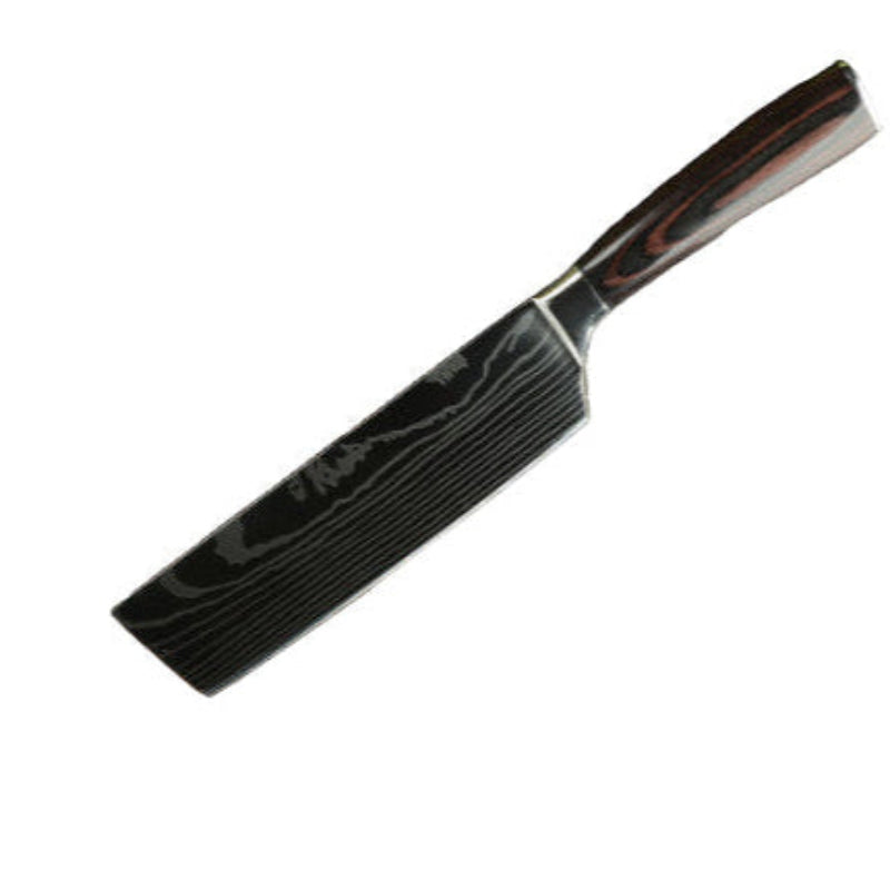 black damascus forged steel cleaver knife with a dark brown wooden handle