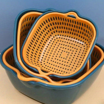set of three square navy and orange double layer colanders