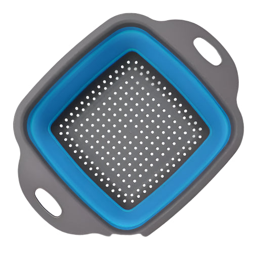 grey with blue trim square colander