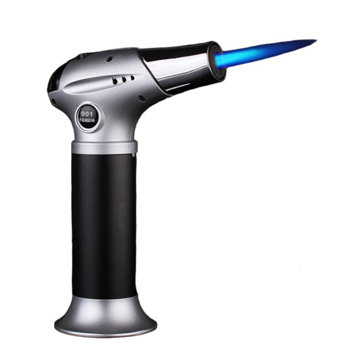 Butane torch with blue flame on a white background
