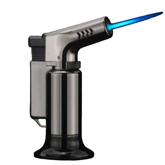 matte black culinary food torch with blue flame