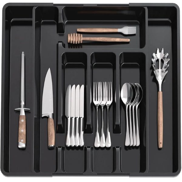 black cutlery tray filled with cutlery