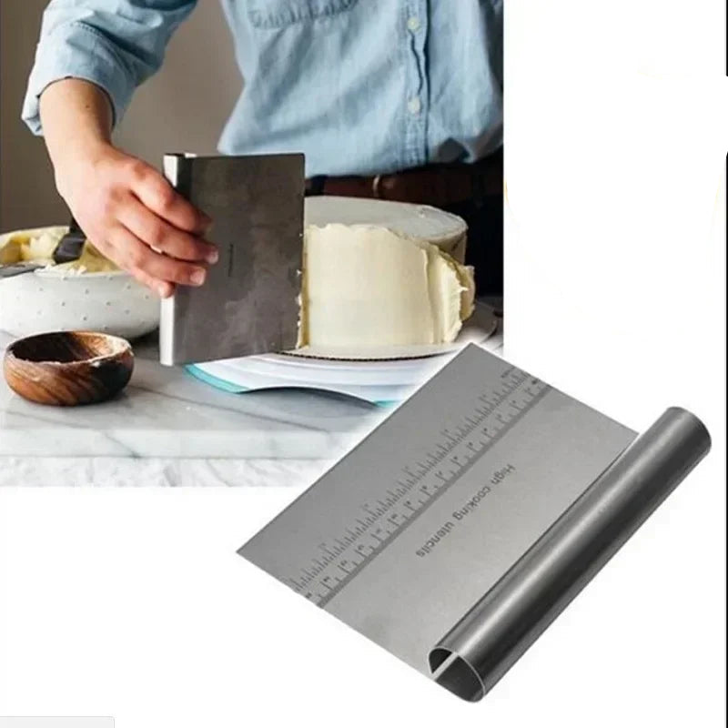 person icing a cake with a steel dough cutter bench scraper