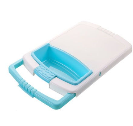 blue and white cutting board with handle and insert