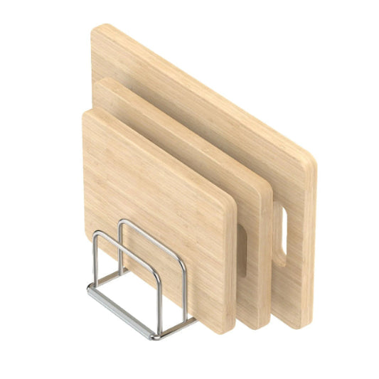 Set of wooden cutting boards with a metal holder on a white background