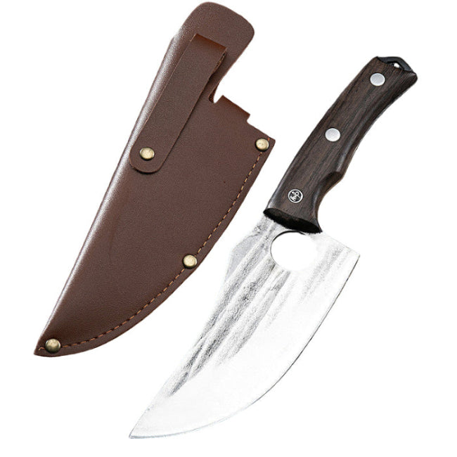 brown handle deboning knife with brown sheath