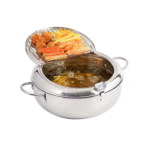 Stainless steel deep fryer with food items on a white background.