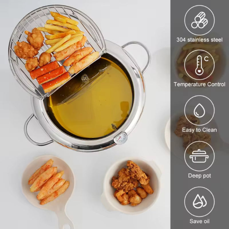 Fried food items being cooked in a deep fryer with features listed on the right.