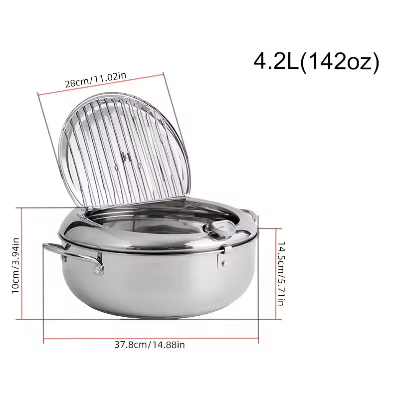 Stainless steel deep fryer with dimensions and capacity details on a white background