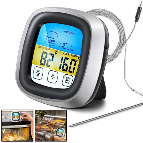 Digital thermometer with probe on a white background