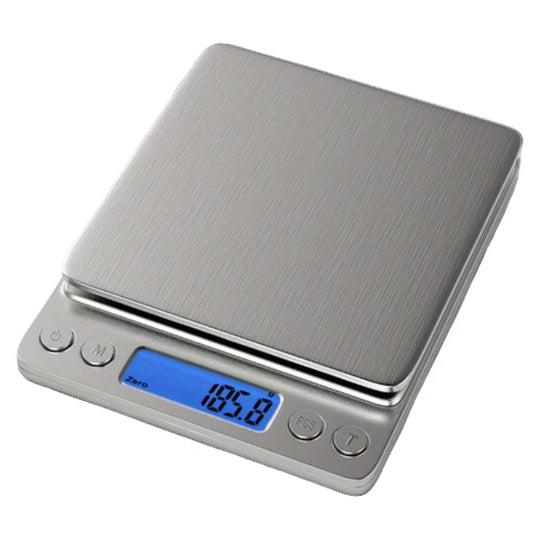 stainless steel kitchen digital scale with blue display