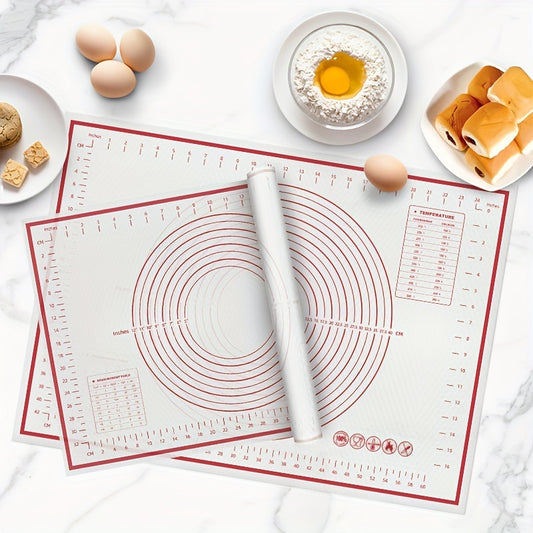 Baking mat with measurement markings on a kitchen counter with ingredients