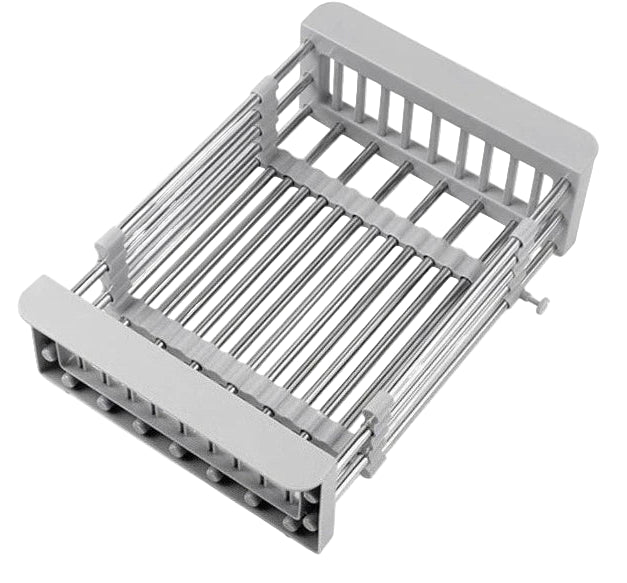 Gray metal dish rack on a white background