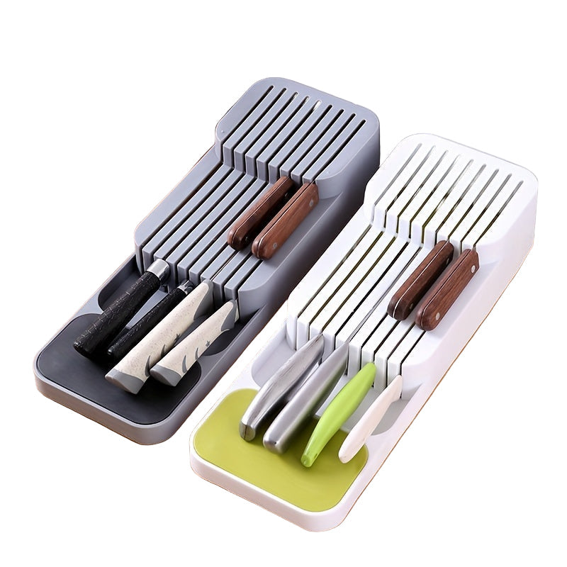 Knife storage organizer with knives on a wooden surface