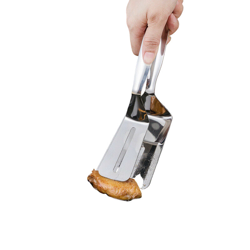 short handle stainless steel clamp tongs holding a piece of chicken