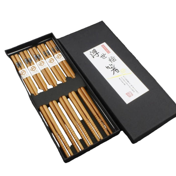 five sets of bamboo chopsticks in a black gift box