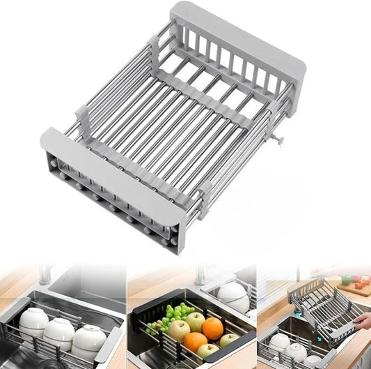 Kitchen dish rack with multiple uses shown on a white background