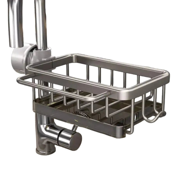 small silver sink caddy attached to a faucet