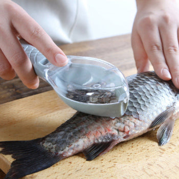 person descaling fish with a blue descaler