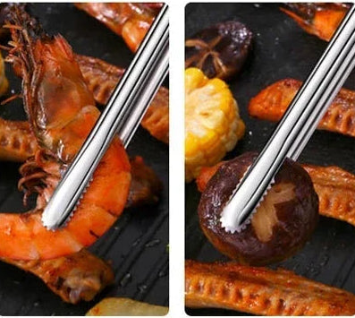 Three images showing roasted vegetables with metal tongs on a white background