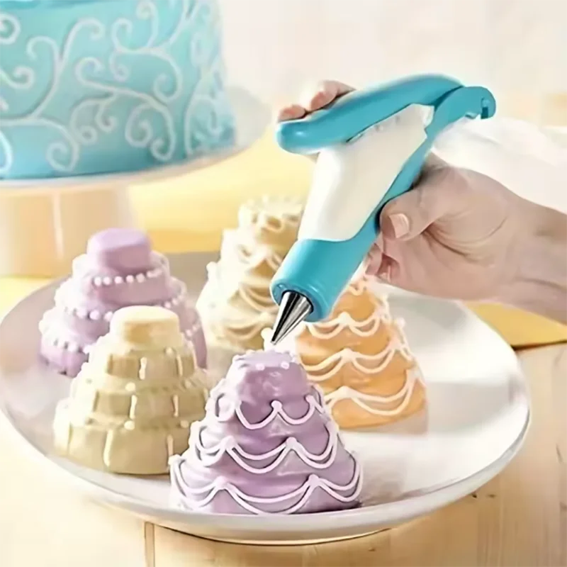 Baking tool being used to decorate small cake-like sculptures on a white plate.