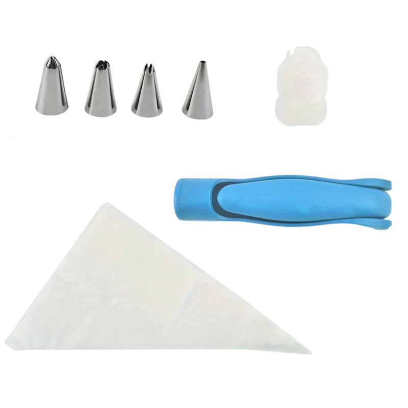 Set of piping bags and steel tips on a white background