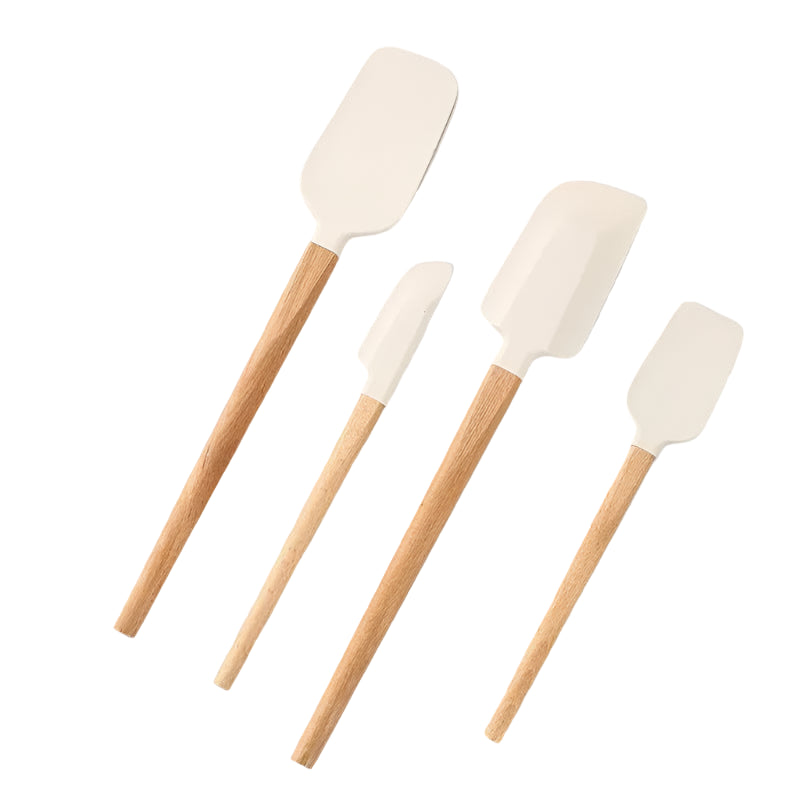 set of four white silicone spatulas with wooden handles