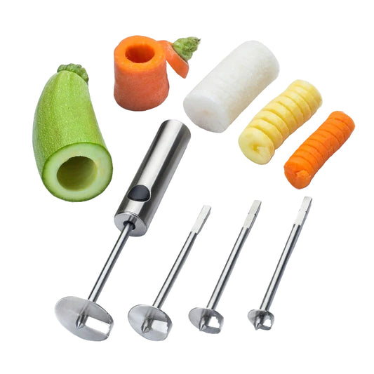 4 steel corer tools with cored vegetables in the background