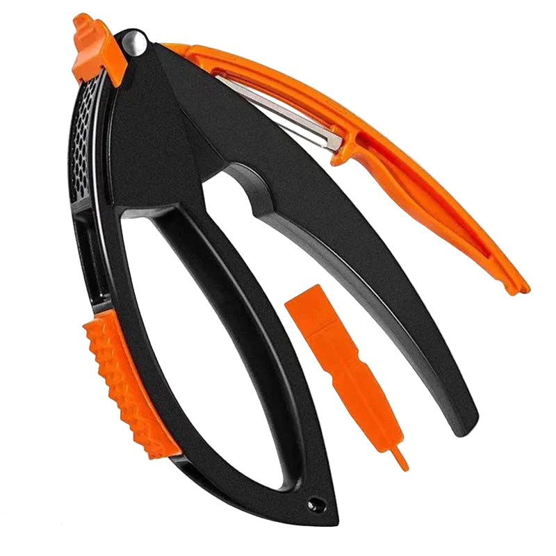 black and orange garlic press with peeler and cleaner tool
