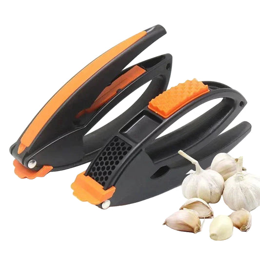 black and orange garlic presses with garlic cloves