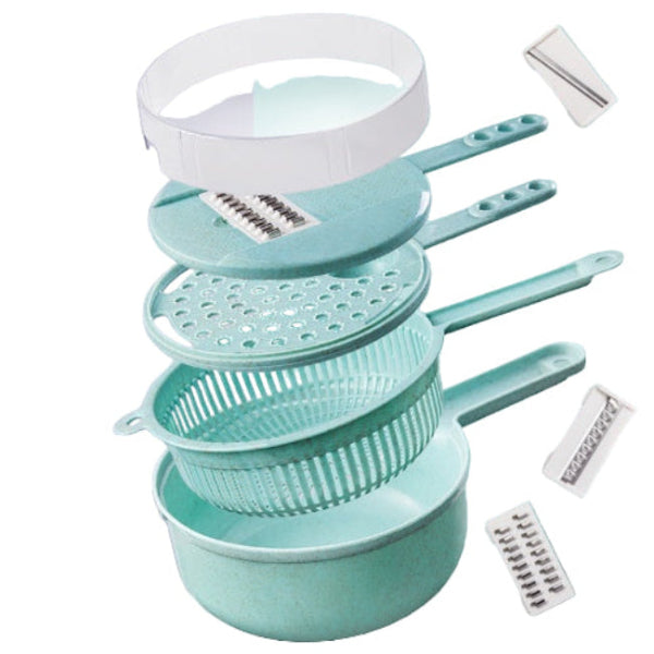 blue bowl and strainers with various silver blades for chopping and slicing vegetables