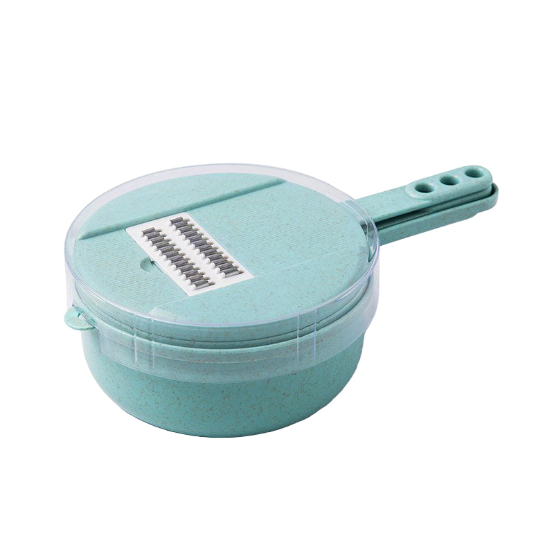 blue grater bowl with handle and clear cover