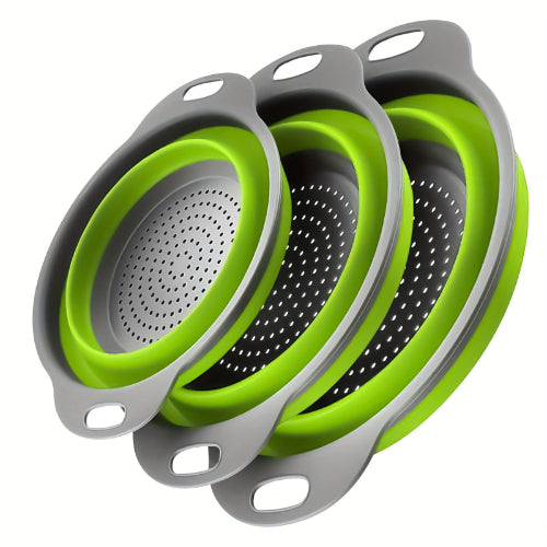 Set of three green and gray collapsible colanders on a white background