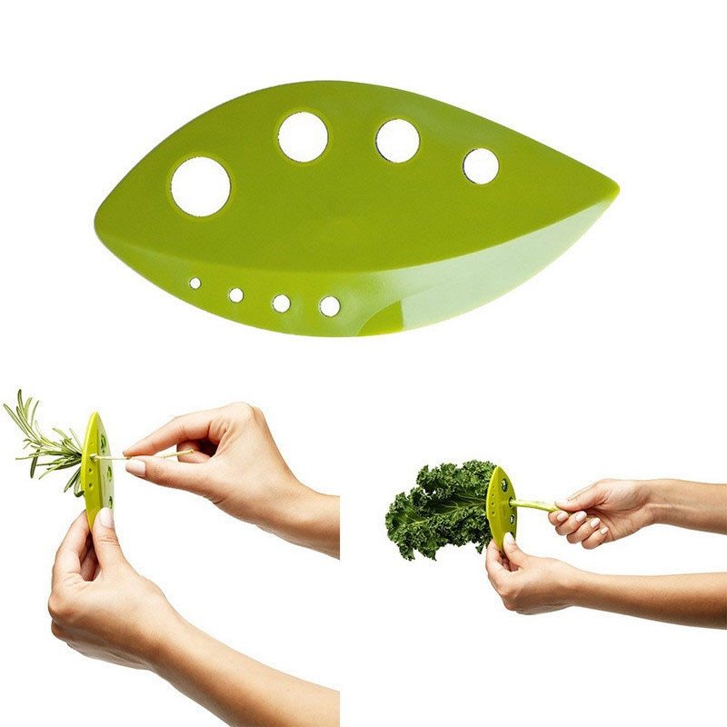 Collage of person stripping herbs with a herb stripping tool