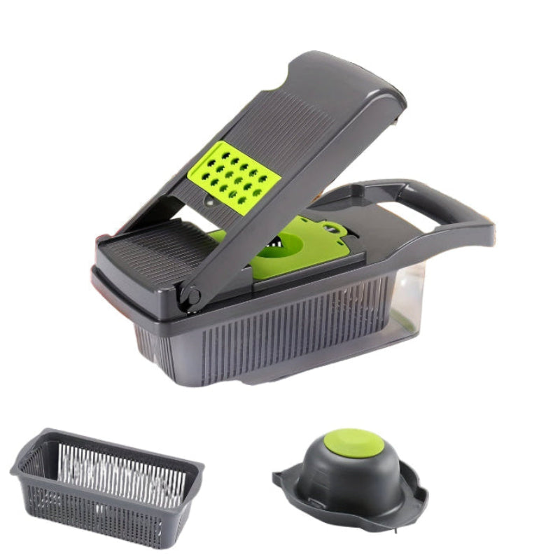 Gray and green kitchen slicer with accessories on a white background