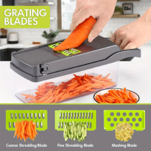 Vegetable grater with different blades being used on carrots in a kitchen setting.