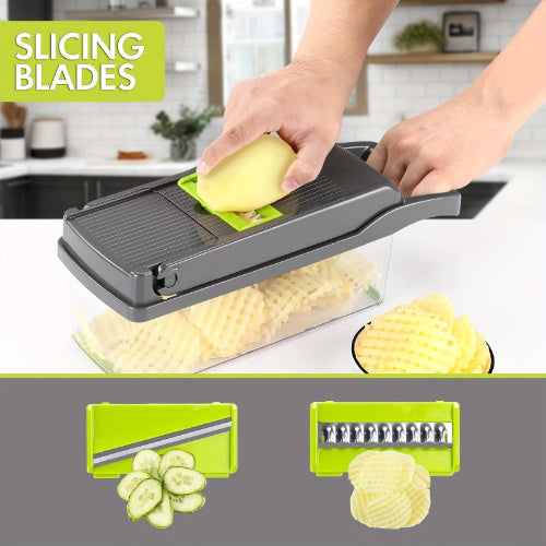 Kitchen slicer with potato being sliced, showing different blade attachments.