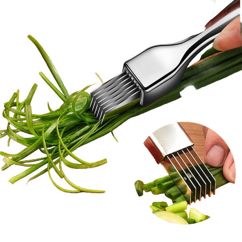 person shredding and cutting green onions with a  hand held steel shredder cutter