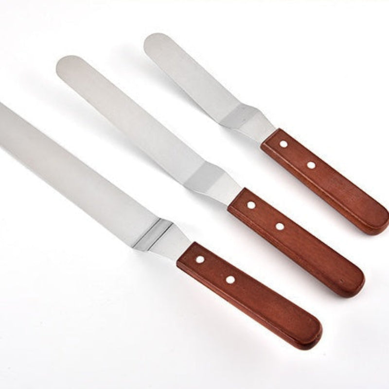 Three Steel Offset Edge Icing Spatulas  with wooden handles