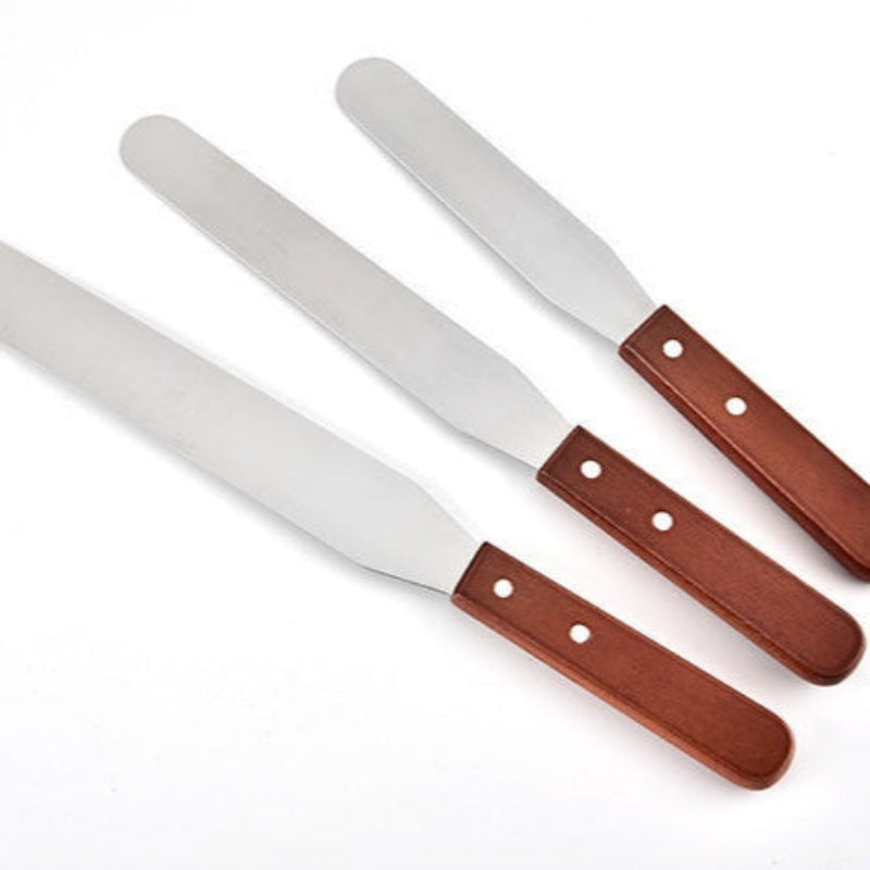Three  Steel Straight Edge Icing Spatulas with wooden handles