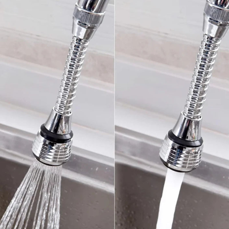 Kitchen faucet attachment showing shower and bubble modes over a sink.