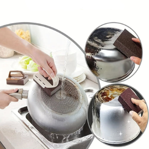 Person cleaning a pot with a scrubber, showing before and after effects.