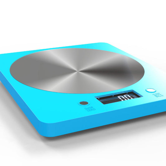 Blue and silver kitchen scale  on a white background