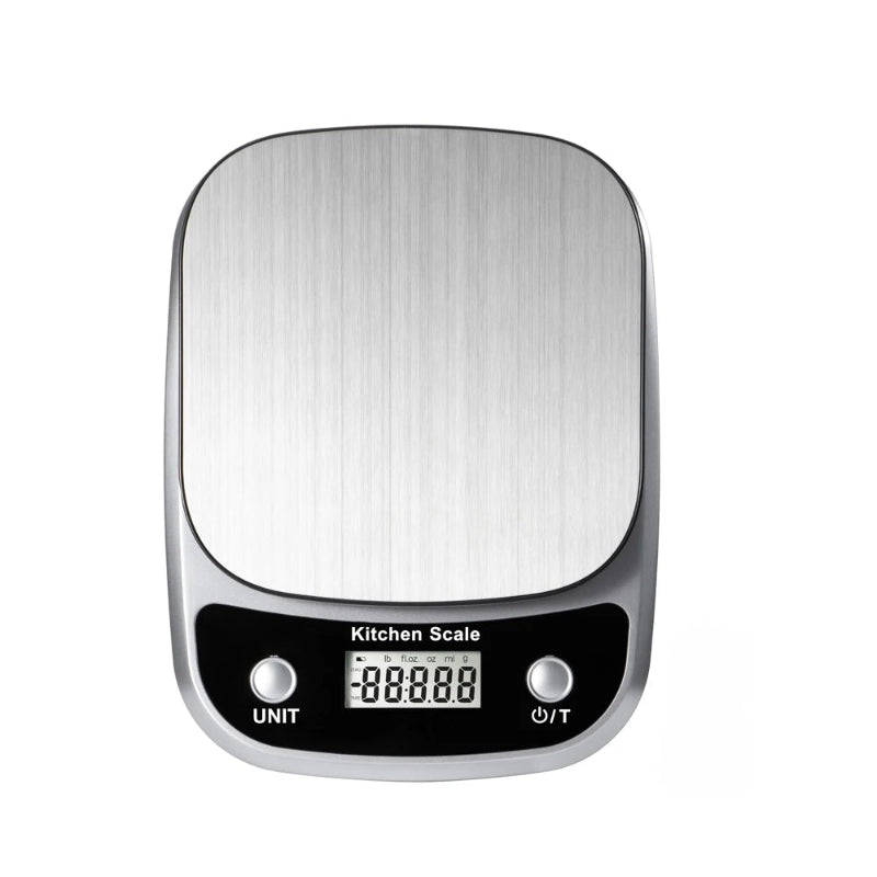 Digital kitchen scale with a metallic finish on a white background