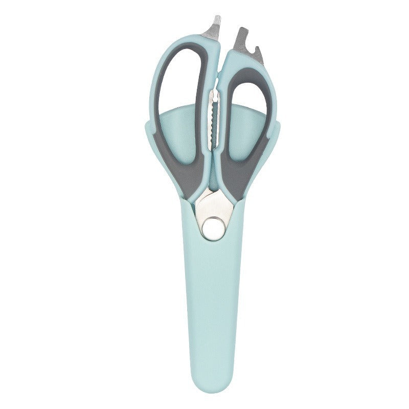 blue and grey kitchen scissors in a blue holder