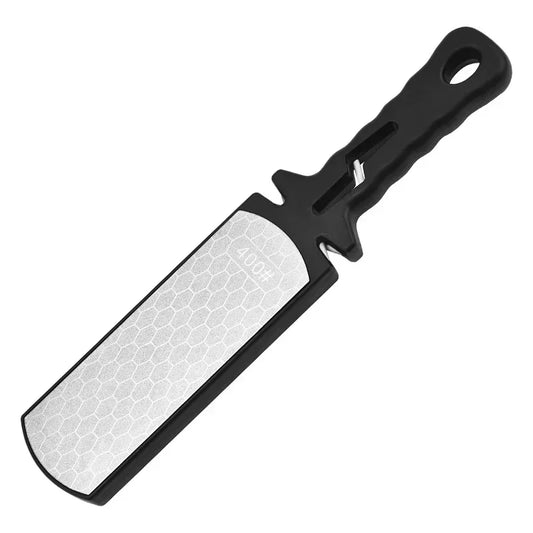 titanium silver tablet knife sharpener with black handle