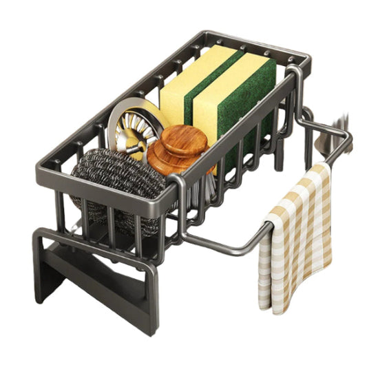 dark grey kitchen sink caddy with cleaning  aids and a cloth