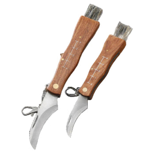 Two Mushroom Foraging Knives with Brushes, silver blades and wooden handles